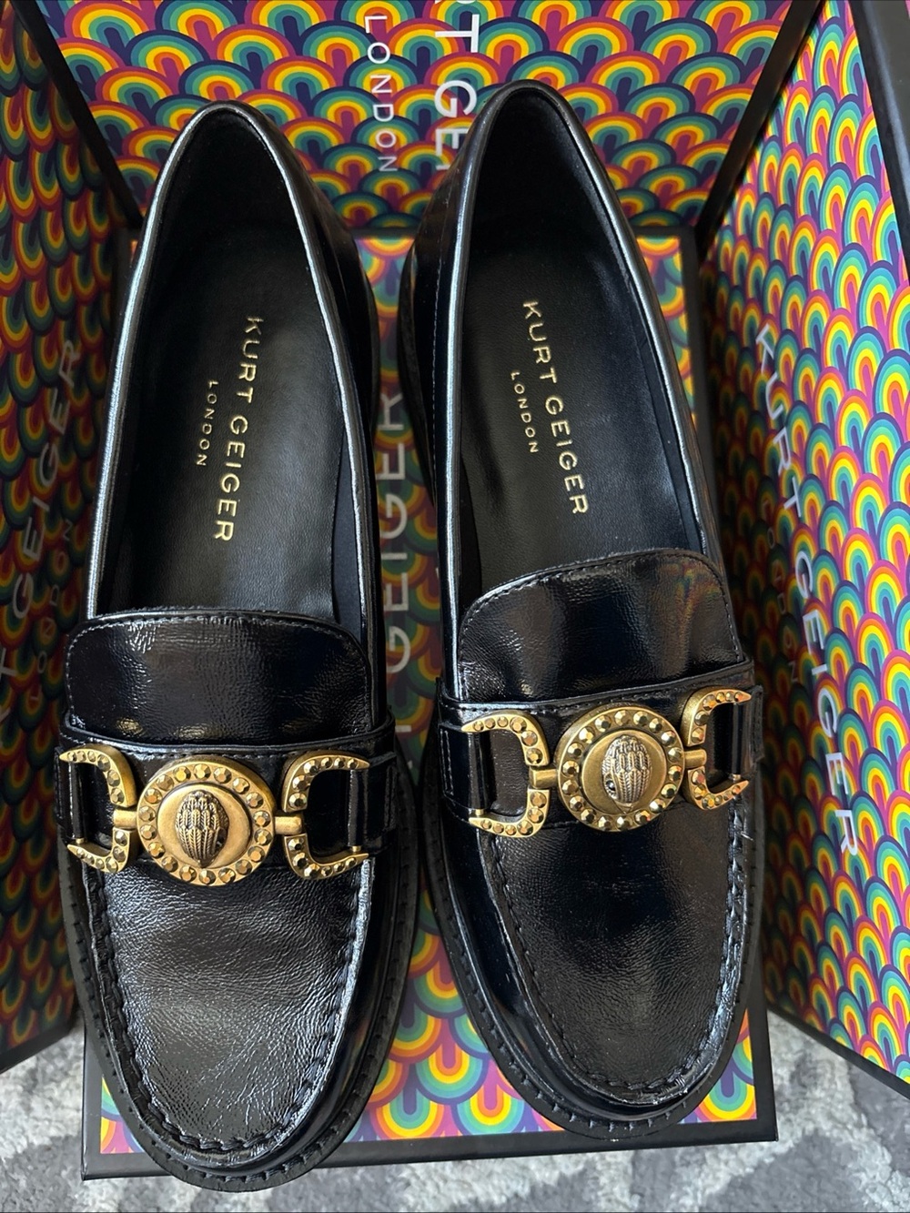 KURT GEIGER London Mansion Bit Buckle Loafers BLK/Gold US-6.5 New In Box